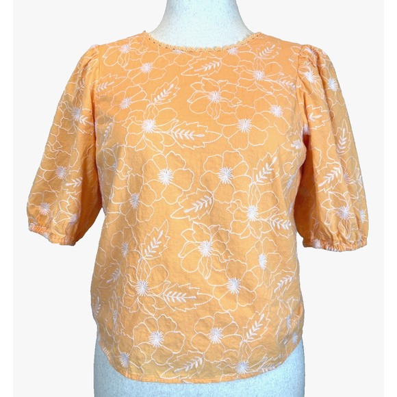 LOFT Tops - LOFT Orange Floral Embroidered Puff Sleeve Open Back Top Small Bohemian